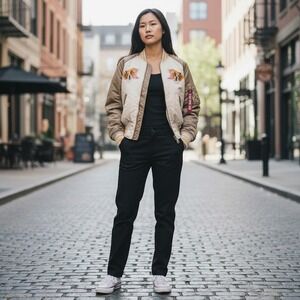 rare ALPHA INDUSTRIES bomber jacket women XS tan tiger embroidered # 213 or 533